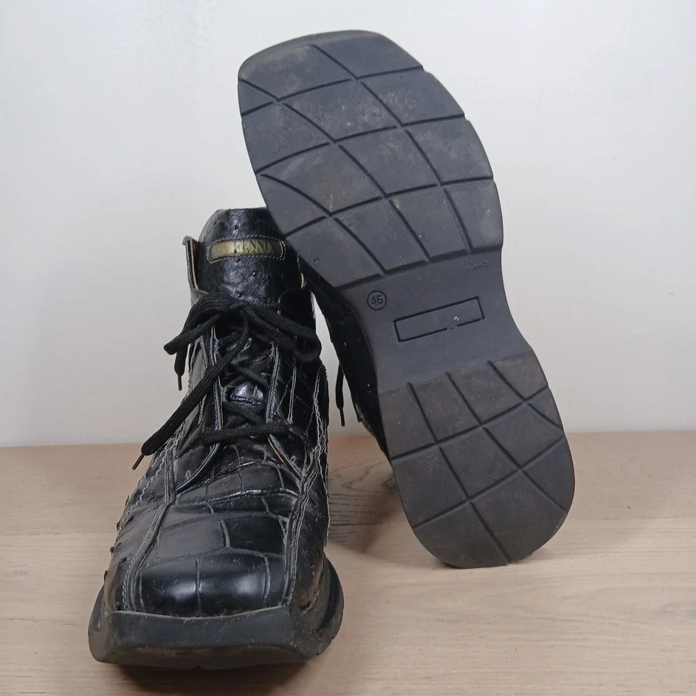 Rare Fennix Italy Exotic Ostrich Leather Boots Men 46 Black High Top Square Toe
